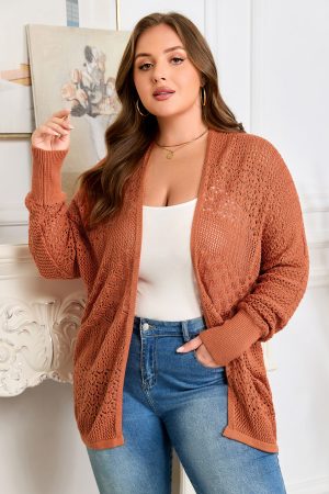 👉 Burl Mixed Pattern Knitted Open Front Plus Size Cardigan